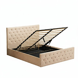 Homy France Lit coffre capitonné velours beige 160x200 cm sommier inclus VICTORIA