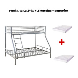 Acheter Homy France Pack: Lit superposé en métal COSTO sommier inclus + 2 Matelas 90/140x190 cm, 3 places Gris
