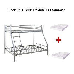 Homy France Pack: Lit superposé en métal COSTO sommier inclus + 2 Matelas 90/140x190 cm, 3 places Gris