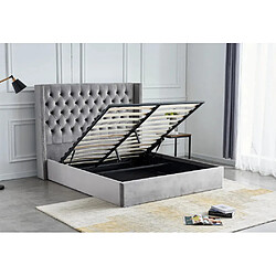 Homy France Lit COFFRE 2 places 160X200 cm CLOUTE velours GRIS