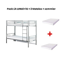 Homy France Pack : Lit superposé + Matelas compris Séparable métal LUNA 1+1 90x190 cm sommier inclus gris