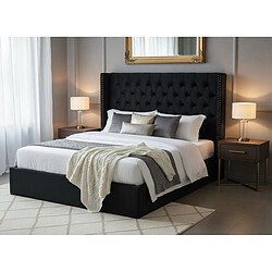 Homy France Lit Coffre 2 Places 180x200 cm Chesterfield Velours Noir Clouté Sommier Inclus