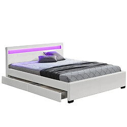Homy France Lit adulte 160x200 cm TIROIRS et LED sommier inclus blanc