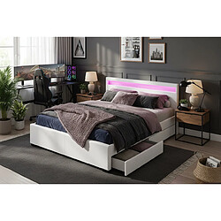 Acheter Homy France Lit adulte 2 places 140x190 cm blanc avec tiroirs LED sommier inclus