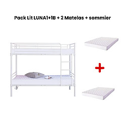 Homy France Pack Lit superposé séparable métal 2 couchages 90x190 cm blanc + 2 matelas LUNA
