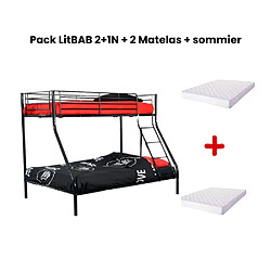 Homy France Pack: Lit superposé en métal COSTO sommier inclus + 2 Matelas 90/140x190 cm, 3 places Noir