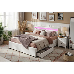 Avis Homy France Lit adulte 2 places 140x190 cm blanc avec tiroirs LED sommier inclus