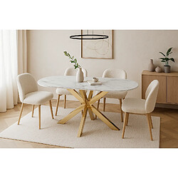 Homy France Table à Manger MANON – 200x90 cm – Céramique Marbre Blanc & Pied Gold