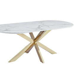 Homy France Table à Manger MANON – 200x90 cm – Céramique Marbre Blanc & Pied Gold