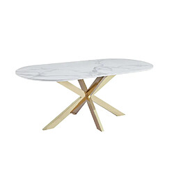 Homy France Table à Manger MANON – 200x90 cm – Céramique Marbre Blanc & Pied Gold
