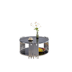 Homy France Table Basse ronde STICK Chrome et plateau en verre MARBRE NOIR D90 H45 cm