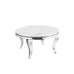 Homy france Table basse ronde baroque - Marbré blanc Table basse ronde - plateau verre trempé - piétement métal chromé - style baroque