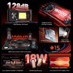 Smartphone Oukitel WP56 Rouge : 6.8" FHD+,12Go+512Go+2To, 16000mAh, Android 15, Dual SIM 5G,NFC, Empreinte digitale, Lampe de Camp, Téléphone Portable-524g