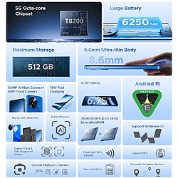 DOOGEE Note 59 Pro+ Téléphone Portable 6.75", 6250mAh, 36(12+24)Go+512Go, 50MP+8MP,Empreinte digitale/NFC,Dual SIM 5G smartphone-Bleu