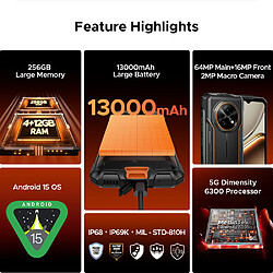 Smartphone DOOGEE Fire 7 - 5.6", 16Go 256Go, 13000mAh,64MP+16MP,Empreinte digitale,NFC,Dual SIM 5G Téléphone Portable -389g-Orange