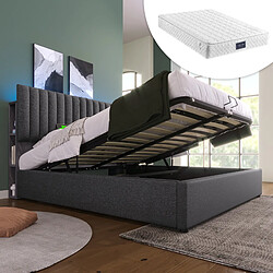 OKWISH Lit coffre rembourré 140x200 cm LED USB Type-C gris avec matelas