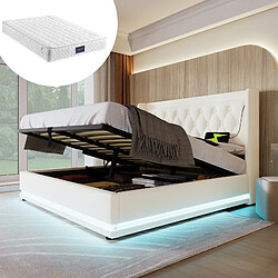 OKWISH Lit coffre capitonné double 140x200 cm, USB-C, LED, PU, blanc, matelas inclus