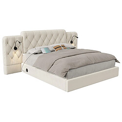 OKWISH Lit coffre adulte capitonné 180x200 cm, tête longue, USB, lampe lecture, velours beige, sans matelas pas cher