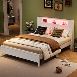 OKWISH Lit adulte double ado 140x200 cm, pin, lumière ambiante, étagère, blanc