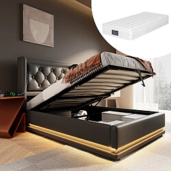 OKWISH Lit coffre 90x200 cm - Lit rangement - Noir Lit coffre hydraulique 90x200 cm - Lit simple avec tête de lit USB et LED - PU - Matelas Inclus - Noir