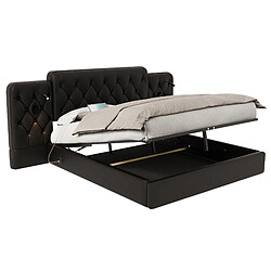 OKWISH Lit coffre adulte capitonné 160x200 cm, tête longue, USB, lampe lecture, similicuir noir, sans matelas pas cher