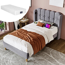 OKWISH Lit simple 90x200 cm Lit tapissé - Gris