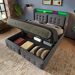 OKWISH Lit coffre double 180x200 cm, tête LED, USB-C, coton, gris, sans matelas