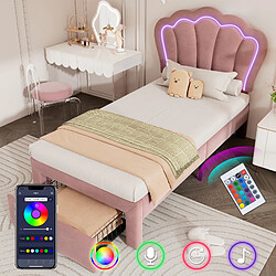 Avis OKWISH Lit enfant/ado capitonné simple 90x190 cm, tiroirs, LED APP-Control, sommier lattes, tête réglable, velours rose, sans matelas