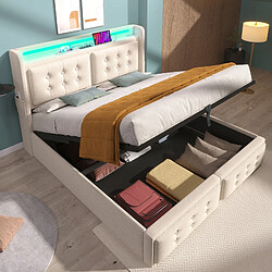 OKWISH Lit coffre double 140x200 cm, tête LED, USB-C, coton, beige, sans matelas