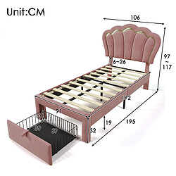 Acheter OKWISH Lit enfant/ado capitonné simple 90x190 cm, tiroirs, LED APP-Control, sommier lattes, tête réglable, velours rose, sans matelas