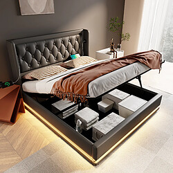 OKWISH Lit coffre 140x200 cm PU Lit capitonné - Noir Lit coffre 140x200 cm - Lit coffre avec USB Type-C et éclairage LED - PU - Sans Matelas - Noir