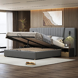 OKWISH Lit coffre 180x200 cm, double capitonné gris, lampe lecture, USB, velours, sans matelas