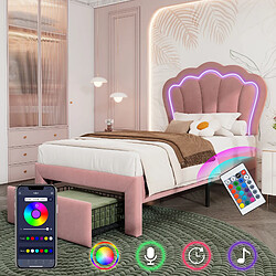 OKWISH Lit enfant/ado capitonné simple 90x190 cm, tiroirs, LED APP-Control, sommier lattes, tête réglable, velours rose, sans matelas pas cher