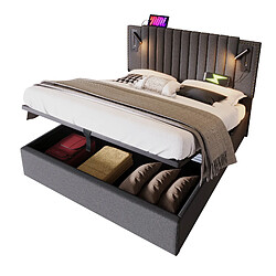 OKWISH Lit coffre 160x200 cm Matelas inclus - Lit capitonné lampe - Gris pas cher