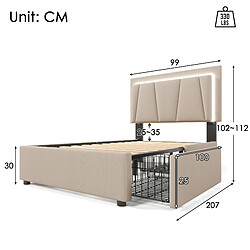 Acheter OKWISH Lit 90x200 cm avec 2 tiroirs, lit capitonné beige LED réglable, sans matelas