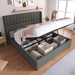 OKWISH Lit coffre 160x200 cm Lit sommier à lattes - Gris - Lit coffre 160 x 200 cm - Lit Double avec Sommier Intégré - Lin Bois Métal - Sans Matelas - Gris