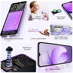 Smartphone Oukitel C2 Noir : 6.52" HD,4Go+64Go+1To, 5000mAh, Android 14, Dual SIM 4G,Téléphone Portable-198g