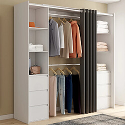 Idmarket Dressing extensible double MERYL 120/180 cm blanc avec 6 tiroirs + étagères + double penderie + rideau gris