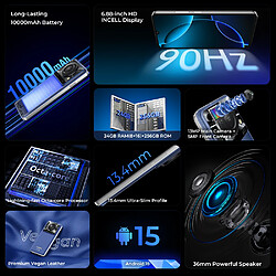 OUKITEL C60 Pro Téléphone Portable 6.88", 10000mAh, 24(8+16)Go+256Go, 13MP+5MP,Empreinte digitale,NFC,Dual SIM 4G smartphone-298g-Violet