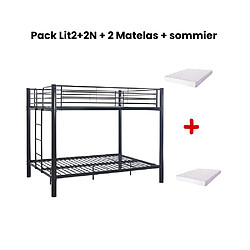 Homy France Pack Lit superposé en métal noir + matelas compris 4 places 2+2 COLOSSE 140x190 cm sommier inclus