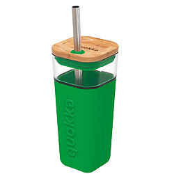 Quokka Mug en Verre 540 ml avec Couvercle en Bambou et Paille Inox Vert