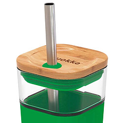 Quokka Mug en Verre 540 ml avec Couvercle en Bambou et Paille Inox Vert