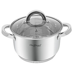 Cheffinger Marmite Inox avec Couvercle en Verre 18cm 2.9L Compatible Induction Argent