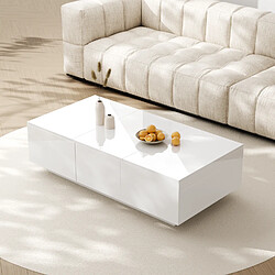 OKWISH Table basse blanche brillante, rangement push-pull, tiroirs double face, 100x50x31 cm