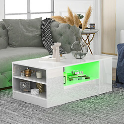 OKWISH Table basse blanche brillante LED, 2 tiroirs, 2 étagères