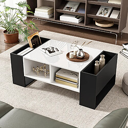 OKWISH Table basse noir/blanc, tiroir, 4 rangements ouverts, surface brillante