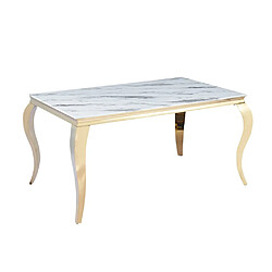 Homy France Table à manger BAROQUE 4 à 6 couverts 150x90 cm pieds gold plateau en verre effet marbré blanc