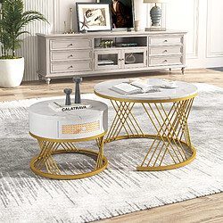 OKWISH Lot 2 tables basses gigognes rondes, 70x45.5 & 50x38.5 cm, blanc/doré