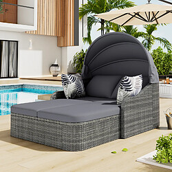 OKWISH Salon de jardin rotin PE, auvent réglable, chaise longue double + 4 coussins, gris