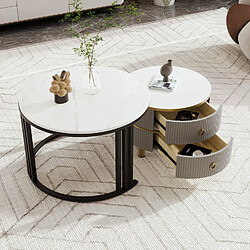 OKWISH Table basse gigogne ronde 2 en 1, plateau brillant + marbre blanc, 2 tiroirs, gris/noir